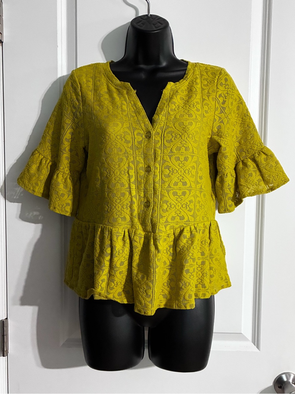 LOFT Lace Peplum Button-Front Top in Chartreuse
